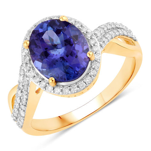 Bids.com 2.79 Carat Genuine Tanzanite and White Diamond 14K Yellow Gold Ring Rings