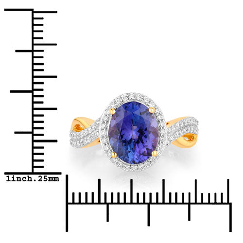 Bids.com 2.79 Carat Genuine Tanzanite and White Diamond 14K Yellow Gold Ring Rings