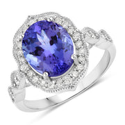 Bids.com 3.85 Carat Genuine Tanzanite and White Diamond 14K White Gold Ring Rings