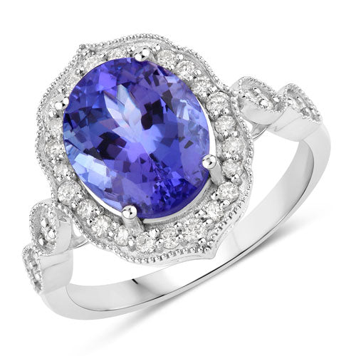 Bids.com 3.85 Carat Genuine Tanzanite and White Diamond 14K White Gold Ring Rings