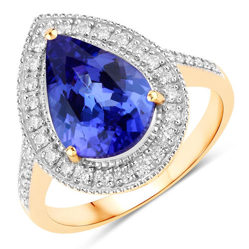 Bids.com 3.37 Carat Genuine Tanzanite and White Diamond 14K Yellow Gold Ring Rings