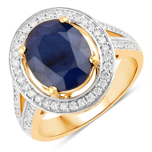 Bids.com 4.74 Carat Genuine Blue Sapphire and White Diamond 14K Yellow Gold Ring Rings