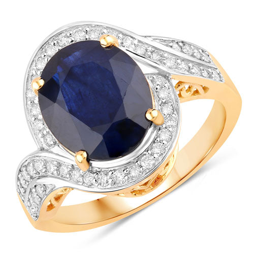 Bids.com 4.69 Carat Genuine Blue Sapphire and White Diamond 14K Yellow Gold Ring Rings
