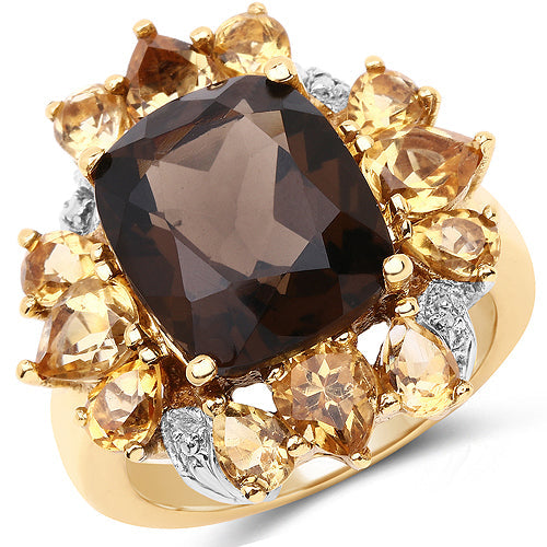 Bids.com 14K Yellow Gold Plated 7.10 Carat Genuine Smoky Quartz, Citrine & White Topaz Brass Ring Rings