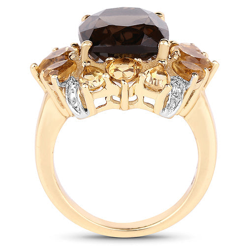 Bids.com 14K Yellow Gold Plated 7.10 Carat Genuine Smoky Quartz, Citrine & White Topaz Brass Ring Rings