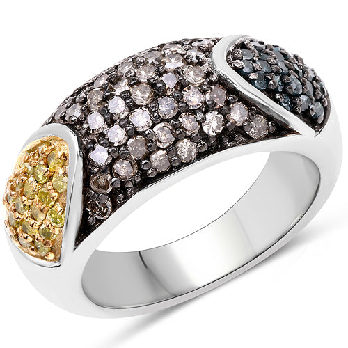 Bids.com 0.95 Carat Genuine Blue Diamond, Champagne Diamond & Yellow Diamond .925 Sterling Silver Ring Rings