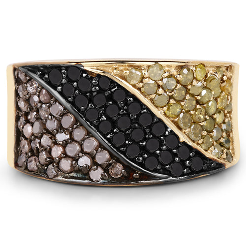 Bids.com 14K Yellow Gold Plated 1.25 Carat Genuine Black Diamond, Champagne Diamond & Yellow Diamond .925 Sterling Silver Ring Rings