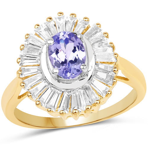 Bids.com 14K Yellow Gold Plated 2.16 Carat Genuine Tanzanite & White Topaz .925 Sterling Silver Ring Rings