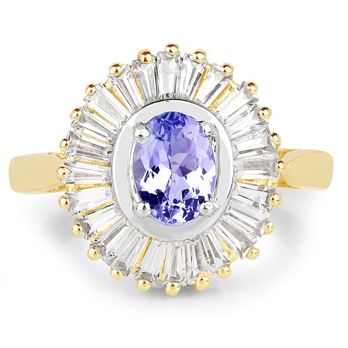 Bids.com 14K Yellow Gold Plated 2.16 Carat Genuine Tanzanite & White Topaz .925 Sterling Silver Ring Rings