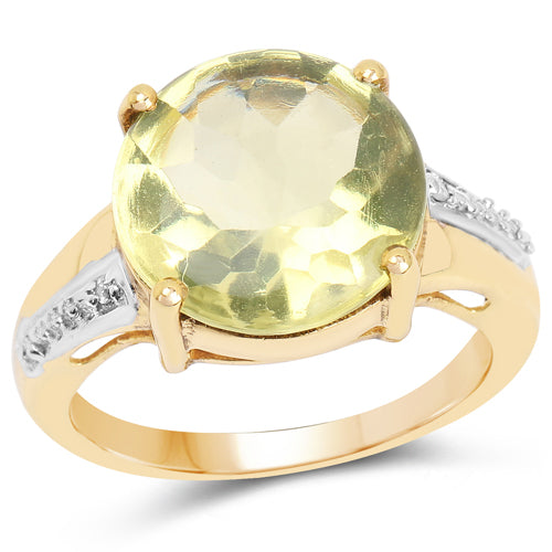 Bids.com 14K Yellow Gold Plated 9.26 Carat Genuine Lemon Topaz Buff Top and White Diamond Brass Ring Rings