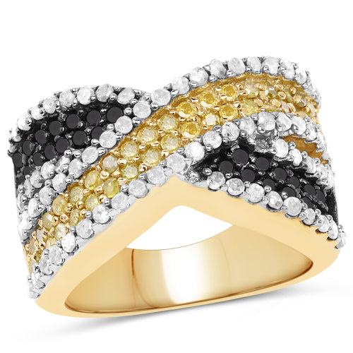 Bids.com 14K Yellow Gold Plated 1.58 Carat Genuine Black Diamond, White Diamond & Yellow Diamond .925 Sterling Silver Ring Rings