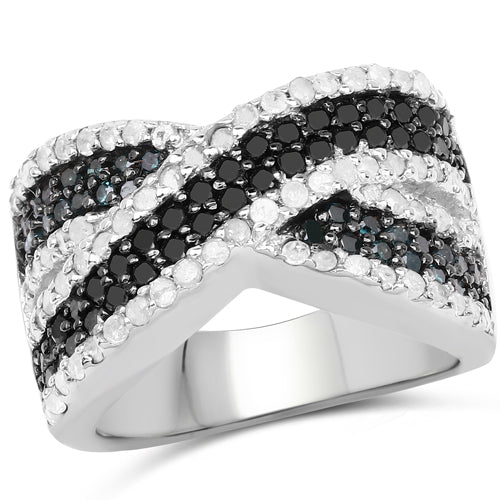 Bids.com 1.57 Carat Genuine Blue Diamond, White Diamond & Black Diamond .925 Sterling Silver Ring Rings