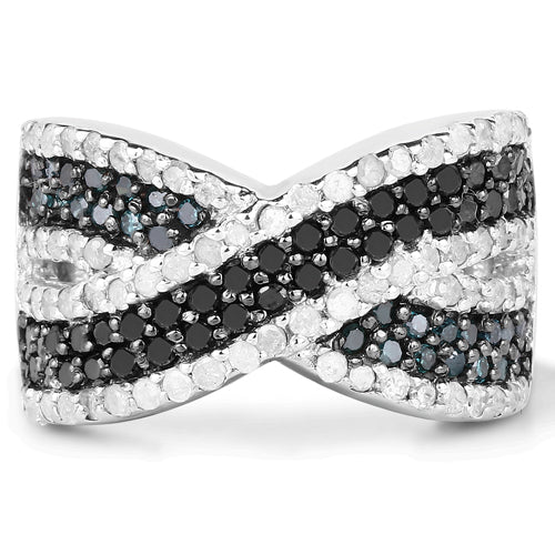 Bids.com 1.57 Carat Genuine Blue Diamond, White Diamond & Black Diamond .925 Sterling Silver Ring Rings