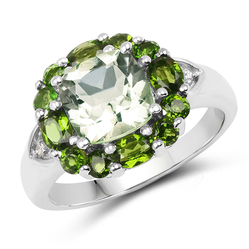 Bids.com 3.49 Carat Genuine Green Amethyst, Chrome Diopside & White Topaz .925 Sterling Silver Ring Rings