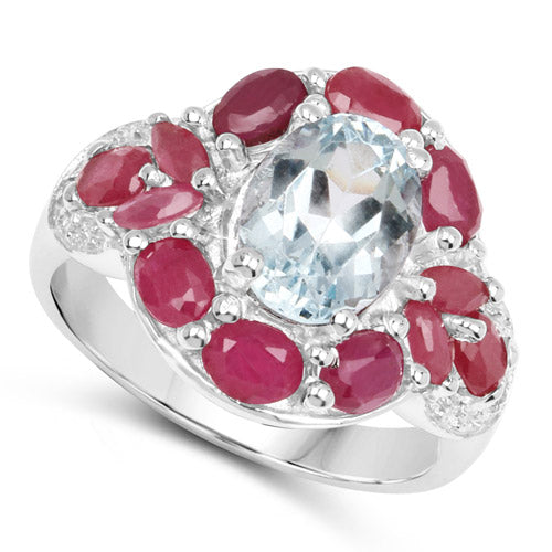 Bids.com 3.54 Carat Genuine Aquamarine, Ruby and White Topaz .925 Sterling Silver Ring Rings