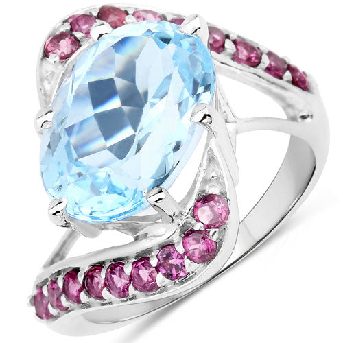 Bids.com 8.40 Carat Genuine Blue Topaz and Rhodolite .925 Sterling Silver Ring Rings