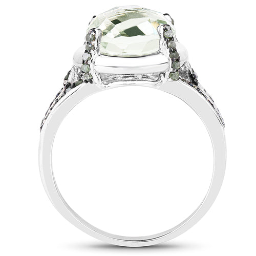 Bids.com 4.06 Carat Genuine Green Amethyst, Green Diamond & White Diamond .925 Sterling Silver Ring Rings