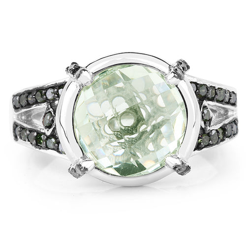 Bids.com 4.06 Carat Genuine Green Amethyst, Green Diamond & White Diamond .925 Sterling Silver Ring Rings