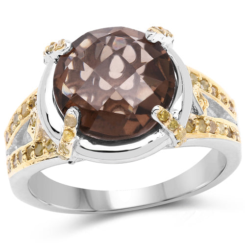 Bids.com 3.28 Carat Genuine Smoky Quartz and Yellow Diamond .925 Sterling Silver Ring Rings