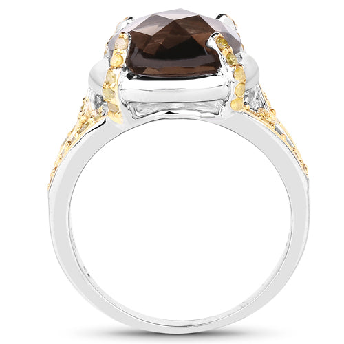 Bids.com 3.28 Carat Genuine Smoky Quartz and Yellow Diamond .925 Sterling Silver Ring Rings