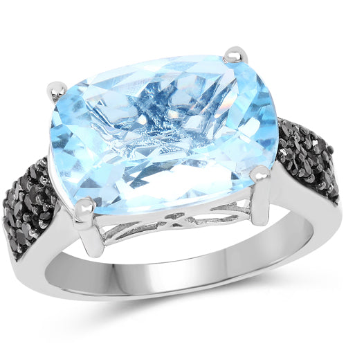 Bids.com 3.96 Carat Genuine Baby Swiss Blue Topaz and Black Diamond .925 Sterling Silver Ring Rings