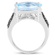 Bids.com 3.96 Carat Genuine Baby Swiss Blue Topaz and Black Diamond .925 Sterling Silver Ring Rings