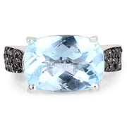 Bids.com 3.96 Carat Genuine Baby Swiss Blue Topaz and Black Diamond .925 Sterling Silver Ring Rings