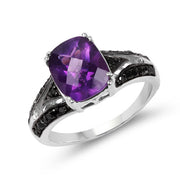 Bids.com 2.87 Carat Genuine Amethyst and Black Diamond .925 Sterling Silver Ring Rings