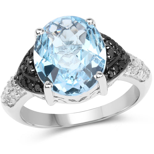 Bids.com 5.37 Carat Genuine Swiss Blue Topaz, Black Diamond & White Topaz .925 Sterling Silver Ring Rings