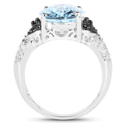 Bids.com 5.37 Carat Genuine Swiss Blue Topaz, Black Diamond & White Topaz .925 Sterling Silver Ring Rings