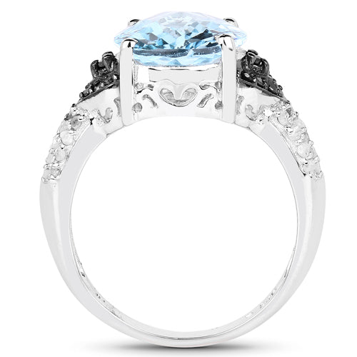 Bids.com 5.37 Carat Genuine Swiss Blue Topaz, Black Diamond & White Topaz .925 Sterling Silver Ring Rings