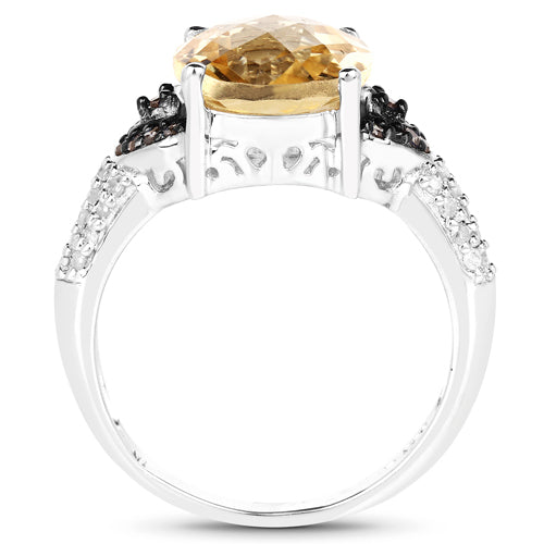 Bids.com 4.65 Carat Genuine Citrine, Champagne Diamond & White Diamond .925 Sterling Silver Ring Rings