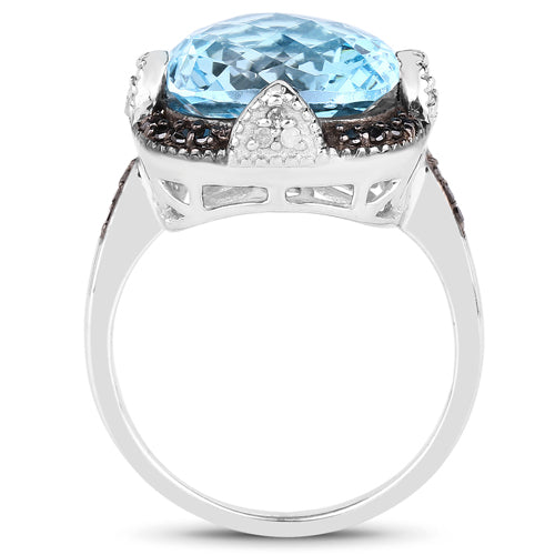 Bids.com 8.29 Carat Genuine Swiss Blue Topaz, Black Diamond & White Diamond .925 Sterling Silver Ring Rings