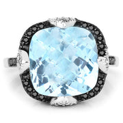 Bids.com 8.29 Carat Genuine Swiss Blue Topaz, Black Diamond & White Diamond .925 Sterling Silver Ring Rings