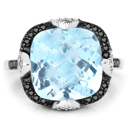 Bids.com 8.29 Carat Genuine Swiss Blue Topaz, Black Diamond & White Diamond .925 Sterling Silver Ring Rings