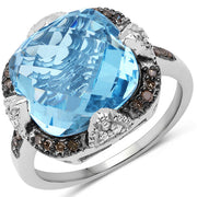 Bids.com 8.29 Carat Genuine Swiss Blue Topaz, Champagne Diamond and White Diamond .925 Sterling Silver Ring Rings