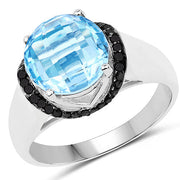 Bids.com 4.94 Carat Genuine Baby Swiss Blue Topaz and Black Diamond .925 Sterling Silver Ring Rings
