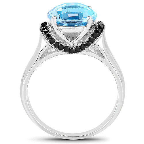 Bids.com 4.94 Carat Genuine Baby Swiss Blue Topaz and Black Diamond .925 Sterling Silver Ring Rings