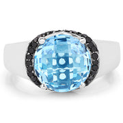 Bids.com 4.94 Carat Genuine Baby Swiss Blue Topaz and Black Diamond .925 Sterling Silver Ring Rings