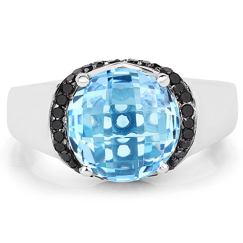 Bids.com 4.94 Carat Genuine Baby Swiss Blue Topaz and Black Diamond .925 Sterling Silver Ring Rings