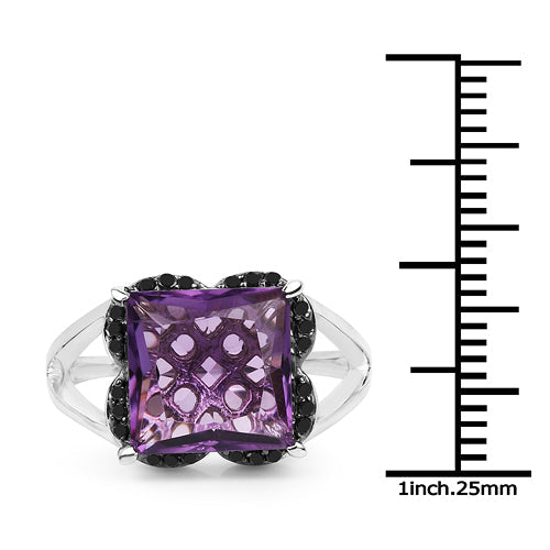 Bids.com 4.58 Carat Genuine Amethyst & Black Diamond .925 Sterling Silver Ring Rings