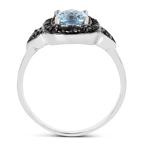 Bids.com 1.19 Carat Genuine Swiss Blue Topaz & Black Diamond .925 Sterling Silver Ring Rings