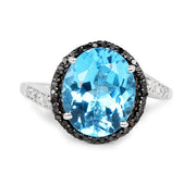 Bids.com 5.48 Carat Genuine Swiss Blue Topaz, Black Diamond and White Diamond .925 Sterling Silver Ring Rings