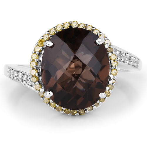 Bids.com 4.85 Carat Genuine Smoky Quartz, Yellow Diamond & White Diamond .925 Sterling Silver Ring Rings