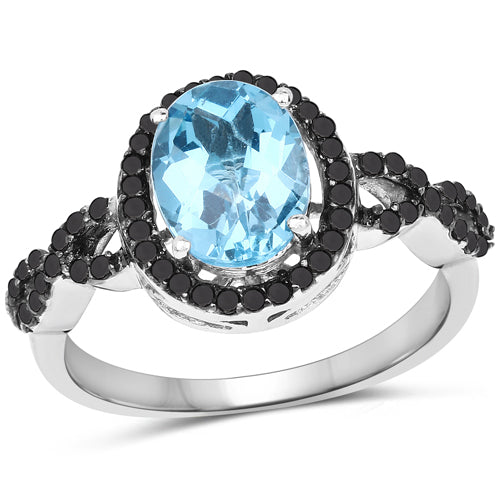 Bids.com 2.92 Carat Genuine Blue Topaz, Black Diamond & White Diamond .925 Sterling Silver Ring Rings