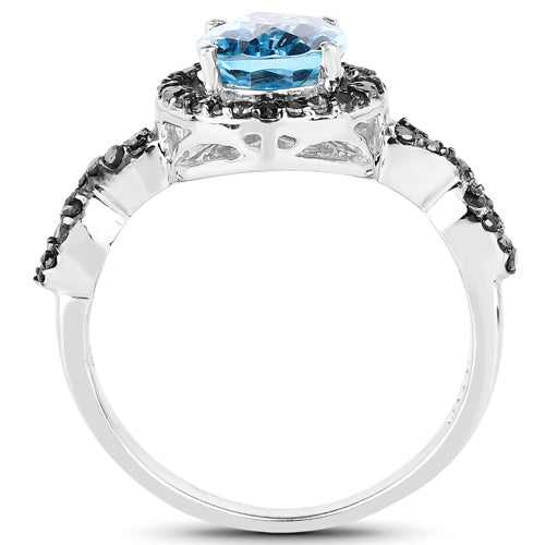 Bids.com 2.92 Carat Genuine Blue Topaz, Black Diamond & White Diamond .925 Sterling Silver Ring Rings