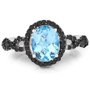Bids.com 2.92 Carat Genuine Blue Topaz, Black Diamond & White Diamond .925 Sterling Silver Ring Rings
