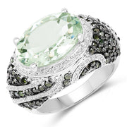 Bids.com 5.98 Carat Genuine Green Amethyst & Green Diamond .925 Sterling Silver Ring Rings