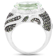 Bids.com 5.98 Carat Genuine Green Amethyst & Green Diamond .925 Sterling Silver Ring Rings