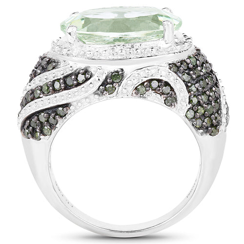 Bids.com 5.98 Carat Genuine Green Amethyst & Green Diamond .925 Sterling Silver Ring Rings